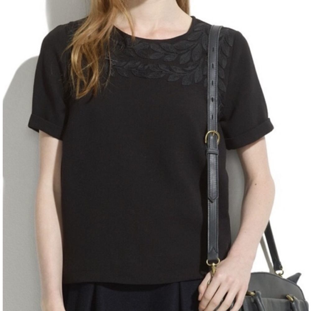 Madewell T-Shirt Embroidered Ivy Leaf Design Top Cuff Sleeves Crew Neck Black XS